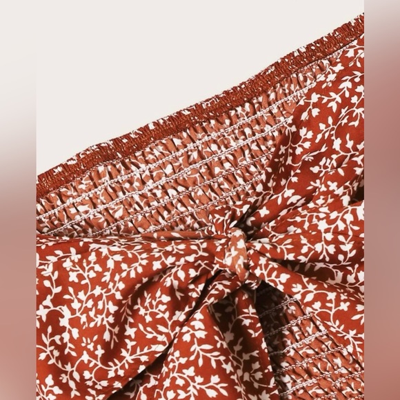 Never worn! Knotted Shirred Floral Bardot Top & Ruffle Wrap Skirt Set - Picture 3 of 5